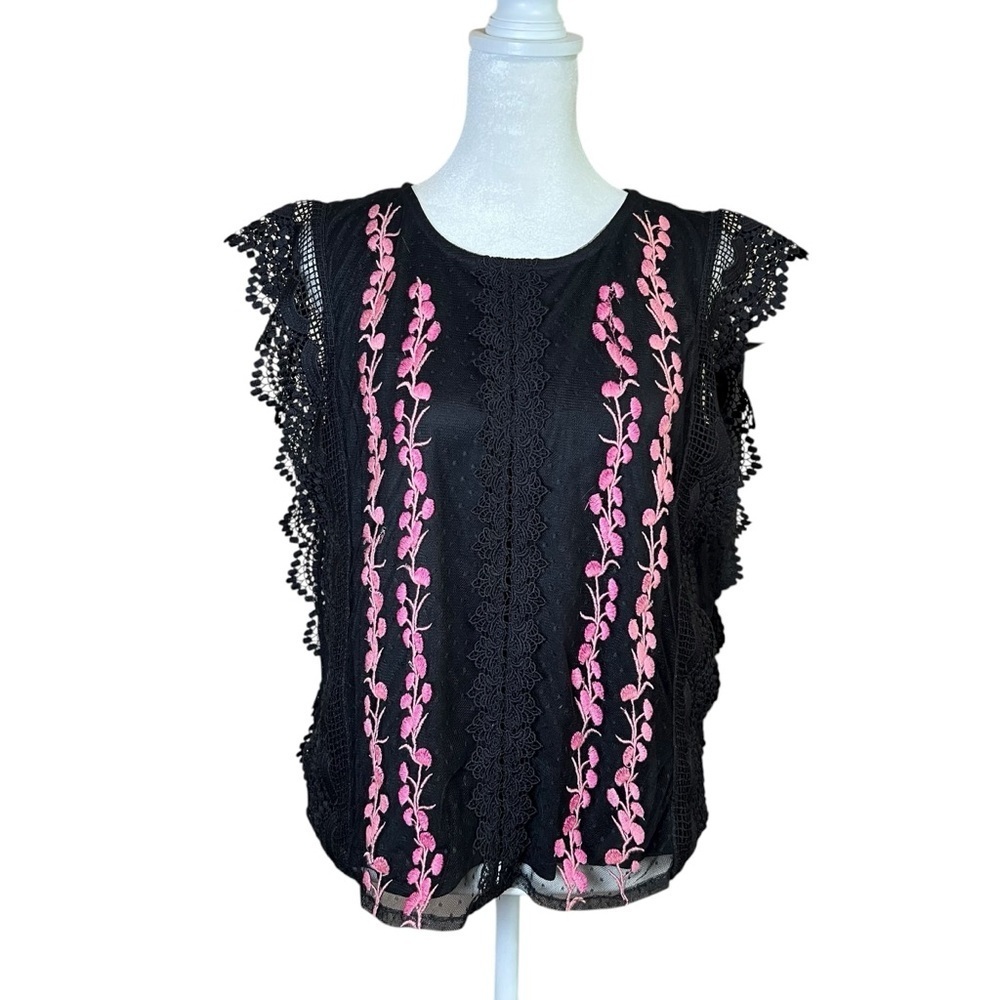 Calligraphie Black Lace Top Sleeveless Pink Embroidered Flowers Feminine Sz L - Picture 3 of 12